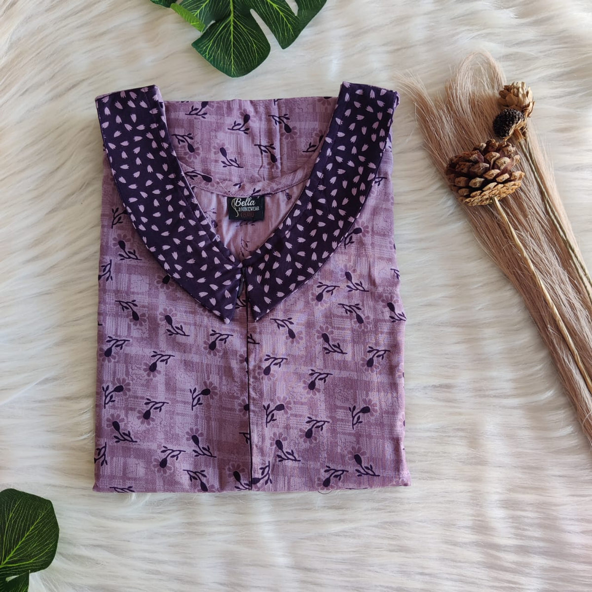 Dark And Pale Purple Printed Premium Cotton Peter Pan Collar Long Zip Feeding Nighty | Free Size | Chest Width 44″| Length 56″