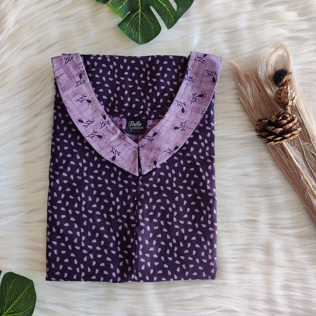 Pale And Dark Purple Printed Premium Cotton Peter Pan Collar Long Zip Feeding Nighty | Free Size | Chest Width 44″| Length 56″