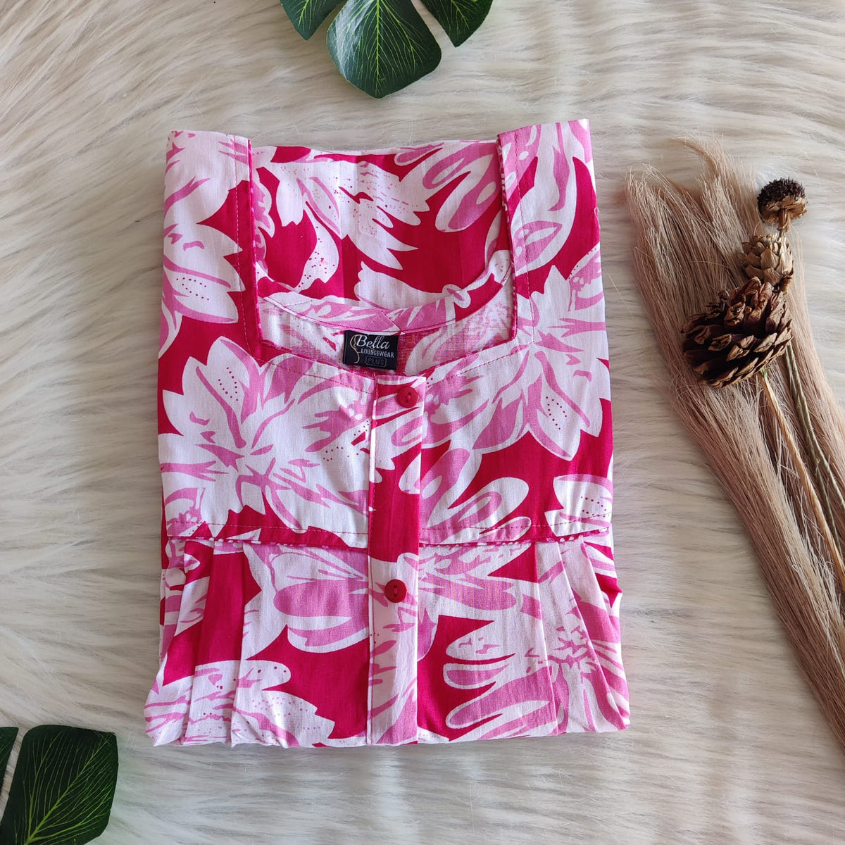 Pink And White Floral Printed Premium Cotton Button Zip Nighty | Free Size | Chest Width 44″| Length 55″-56″