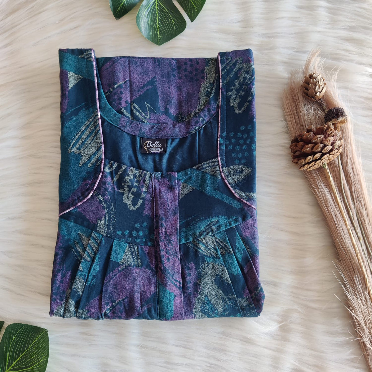 Teal Blue Printed Discharge Cotton Pleated Zip Nighty | Chest Width 44″ | Length 54″-55″