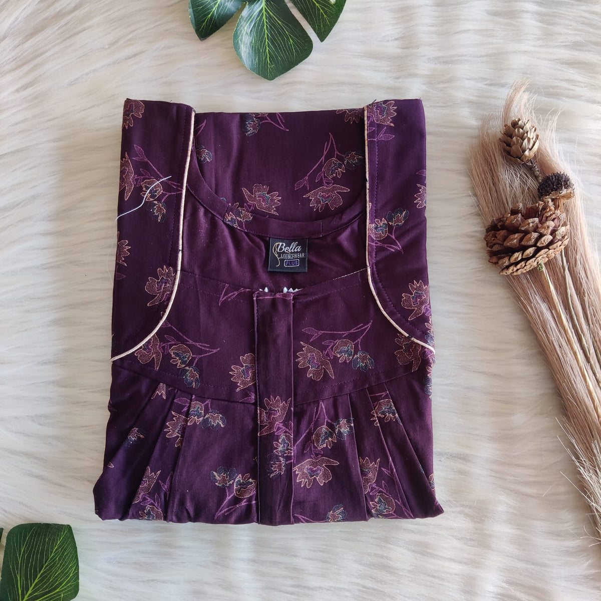 Wine Printed Discharge Cotton Pleated Zip Nighty | Chest Width 44″ | Length 54″-55″