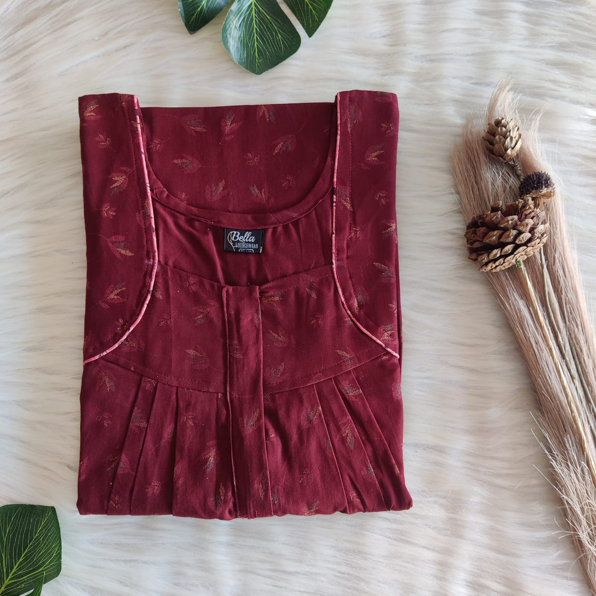Maroon Printed Discharge Cotton Pleated Zip Nighty | Chest Width 44″ | Length 54″-55″