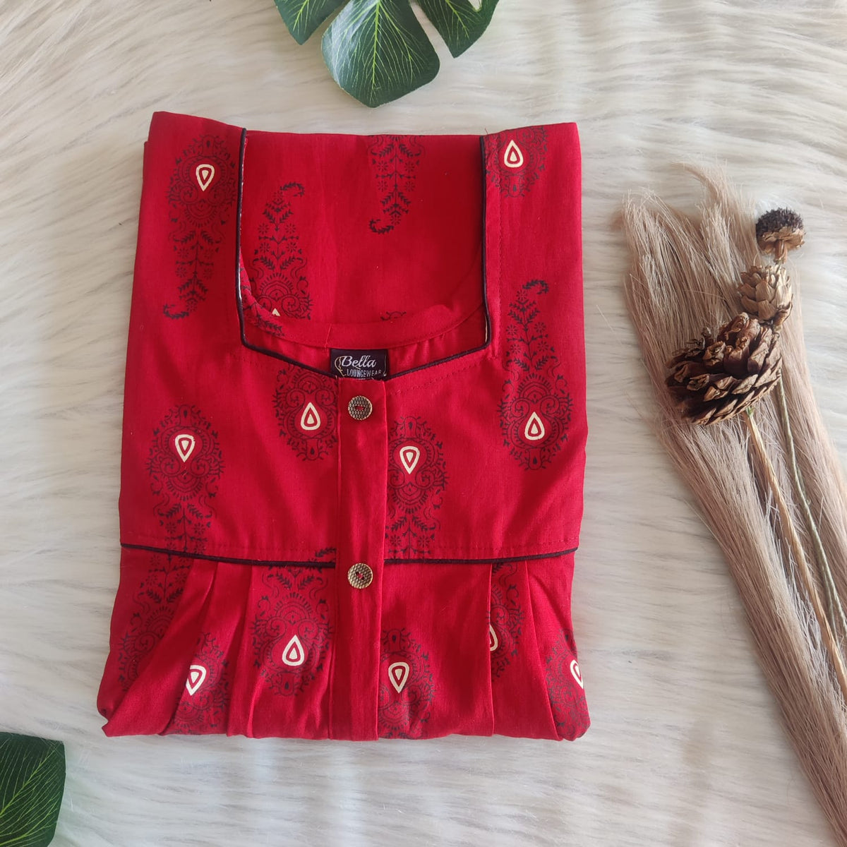 Red Printed Premium Cotton Button Zip Nighty | Free Size | Chest Width 44″| Length 55″-56″