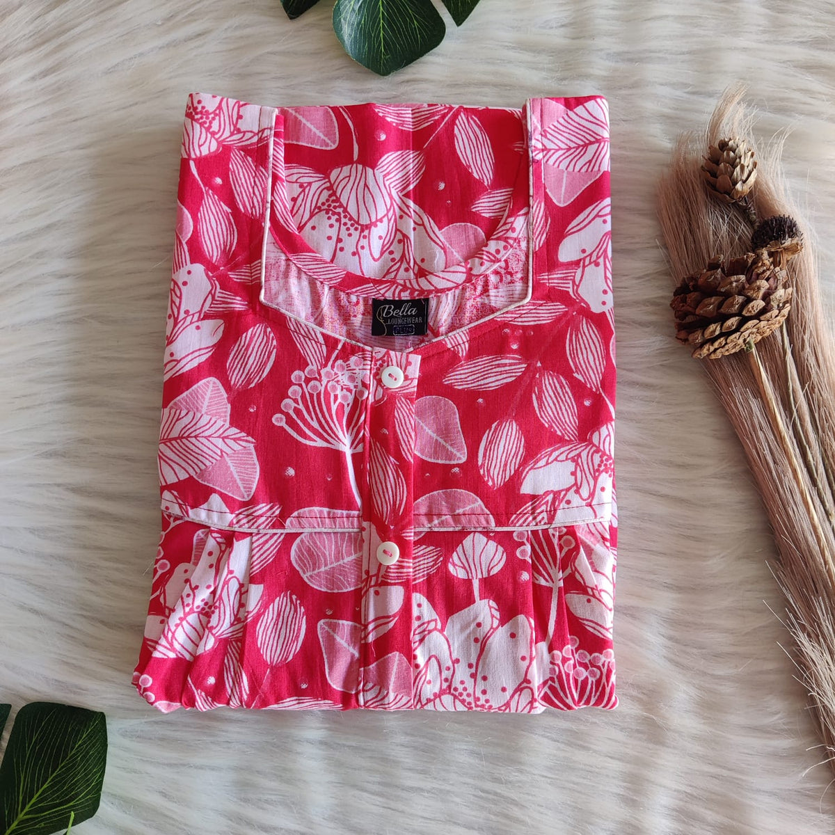 Peach And White Leaf Printed Premium Cotton Button Zip Nighty | Free Size | Chest Width 44″| Length 55″-56″