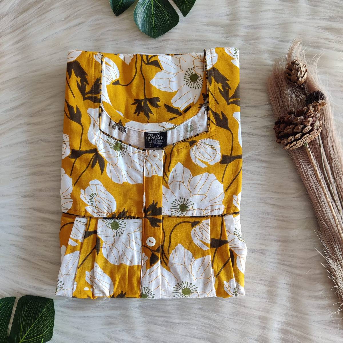 Yellow And White Floral Printed Premium Cotton Button Zip Nighty | Free Size | Chest Width 44″| Length 55″-56″