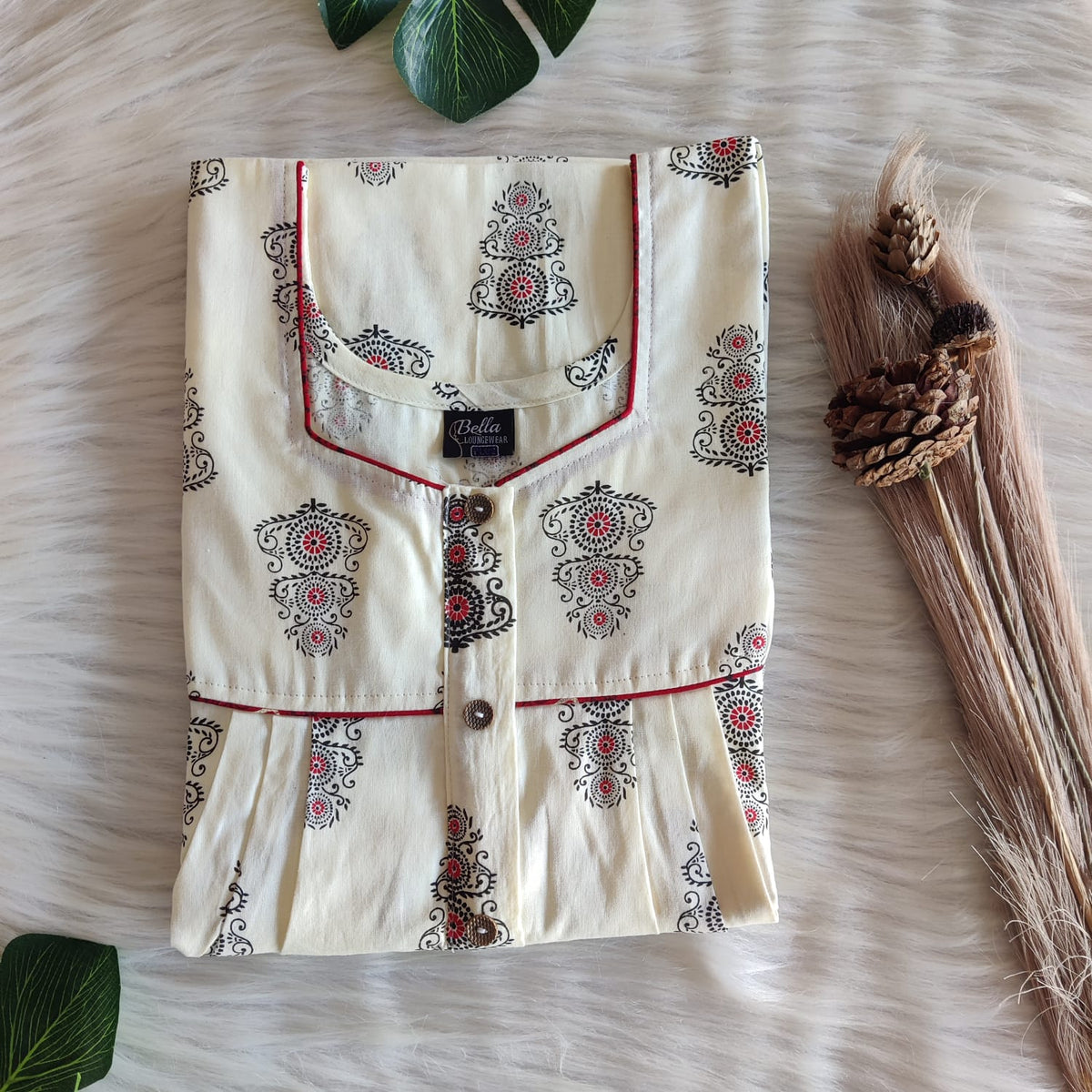 Cream Printed Premium Cotton Button Zip Nighty | Free Size | Chest Width 44″| Length 55″-56″