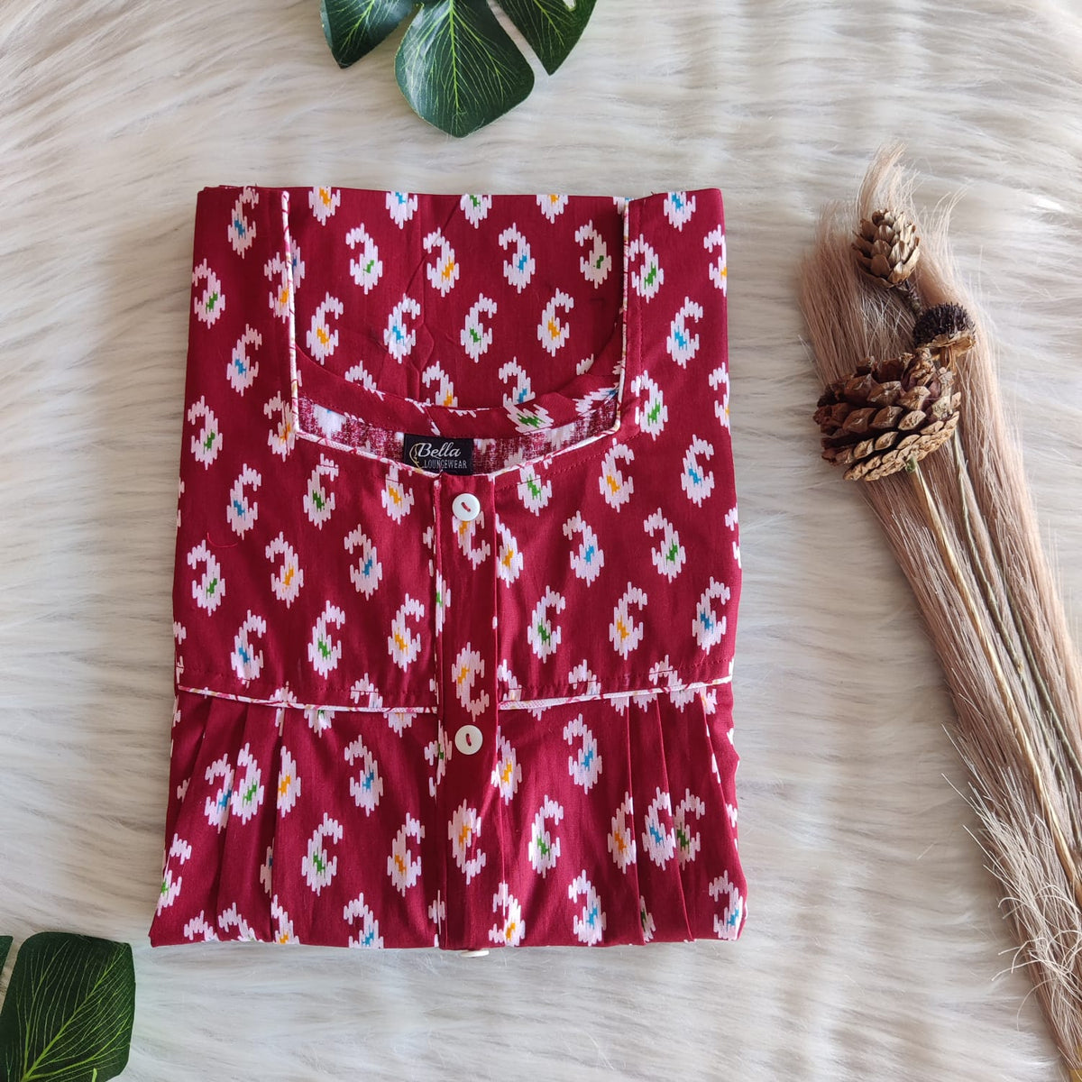 Maroon Printed Premium Cotton Button Zip Nighty | Free Size | Chest Width 44″| Length 55″-56″