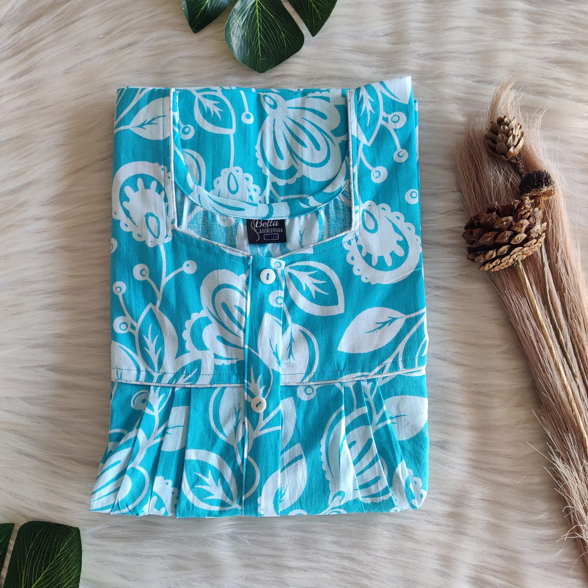 Aqua Blue Printed Premium Cotton Button Zip Nighty | Free Size | Chest Width 44″| Length 55″-56″