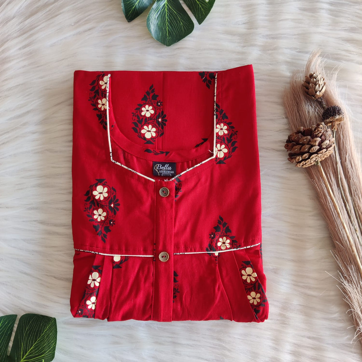 Red And Cream Floral Printed Premium Cotton Button Zip Nighty | Free Size | Chest Width 44″| Length 55″-56″