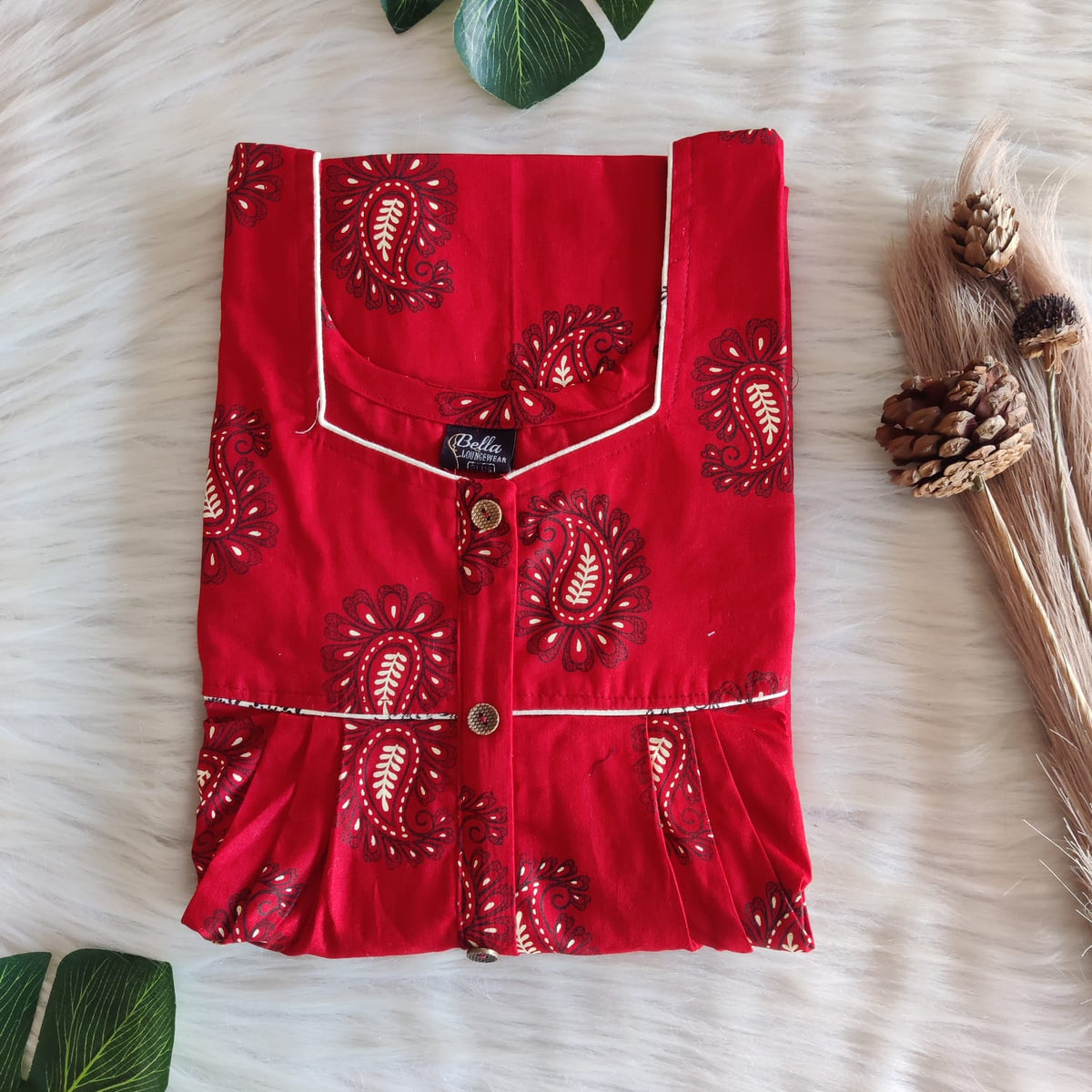 Red Kalamkari Printed Premium Cotton Button Zip Nighty | Free Size | Chest Width 44″| Length 55″-56″