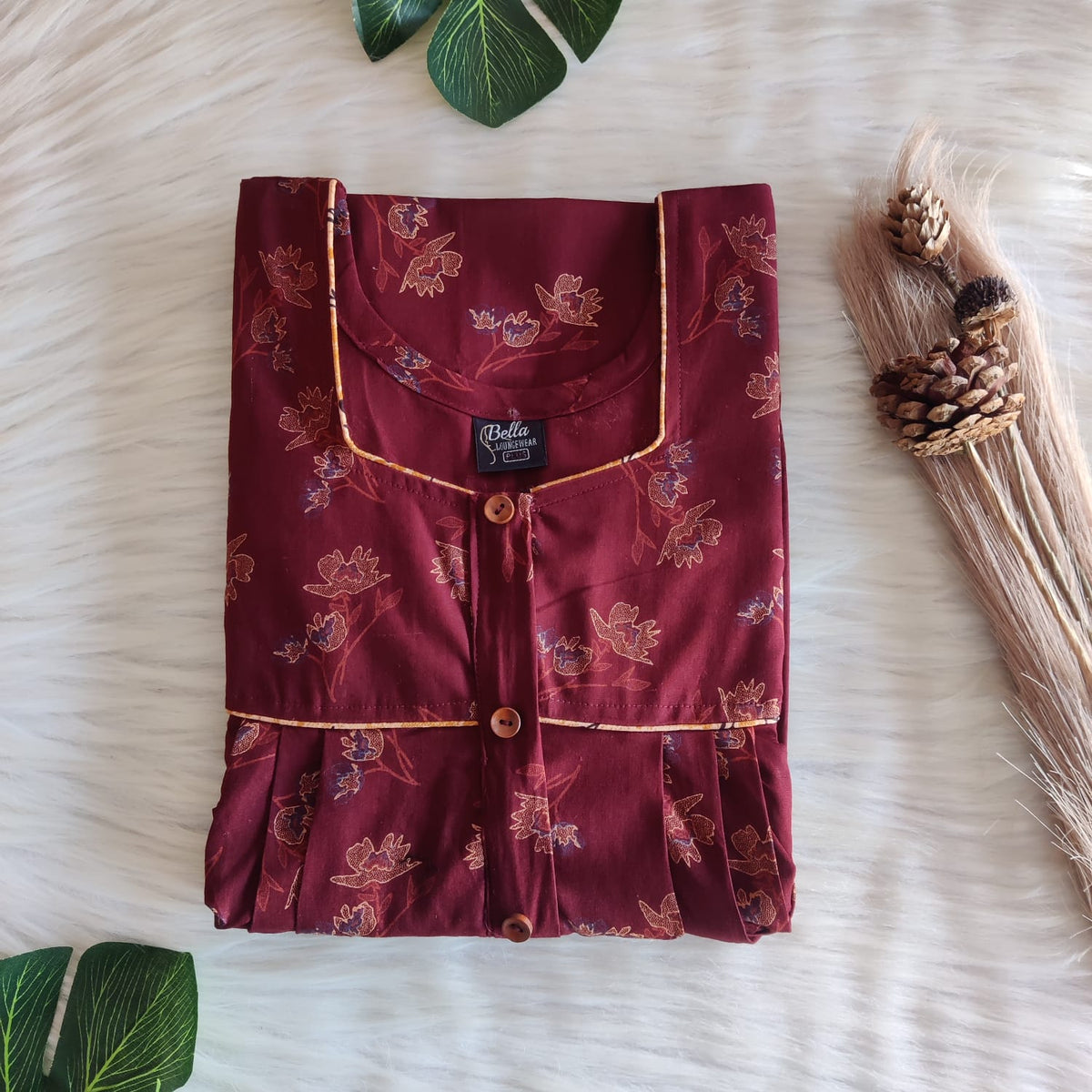 Maroon And Cream Floral Printed Discharge Cotton Button Zip Nighty | Free Size | Chest Width 44″| Length 55″-56″