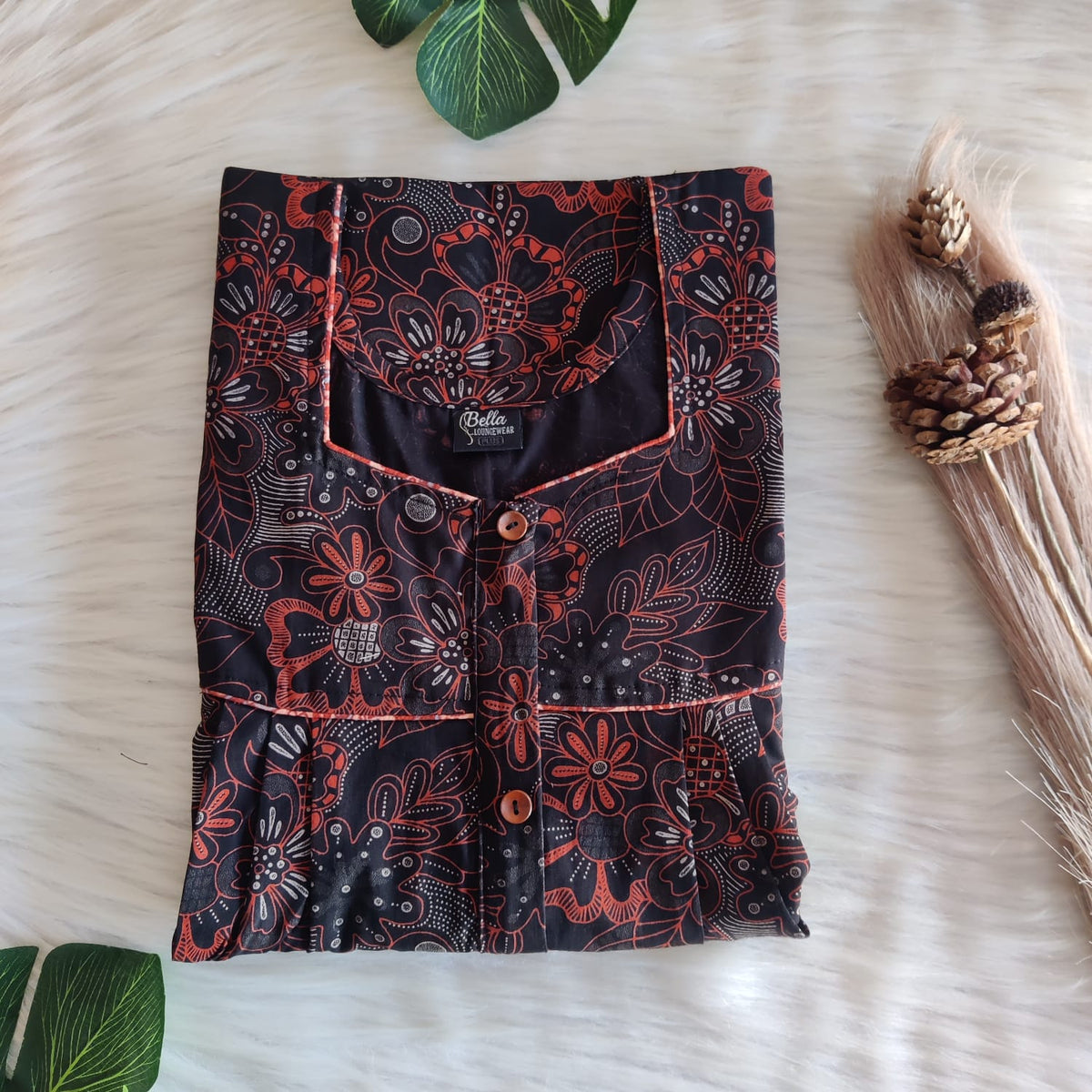 Orange Printed Black Discharge Cotton Button Zip Nighty | Free Size | Chest Width 44″| Length 55″-56″
