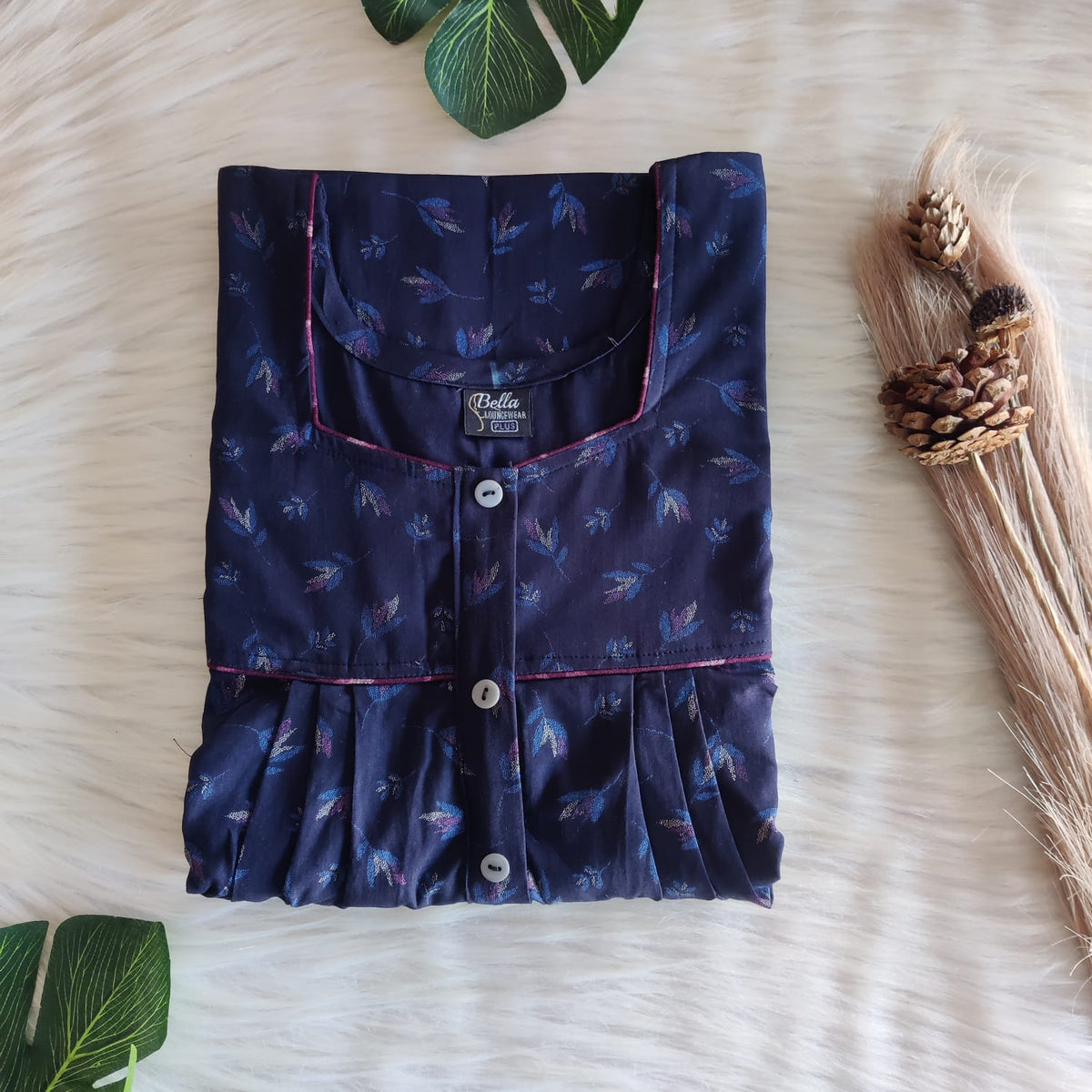 Navy Blue Printed Discharge Cotton Button Zip Nighty | Free Size | Chest Width 44″| Length 55″-56″