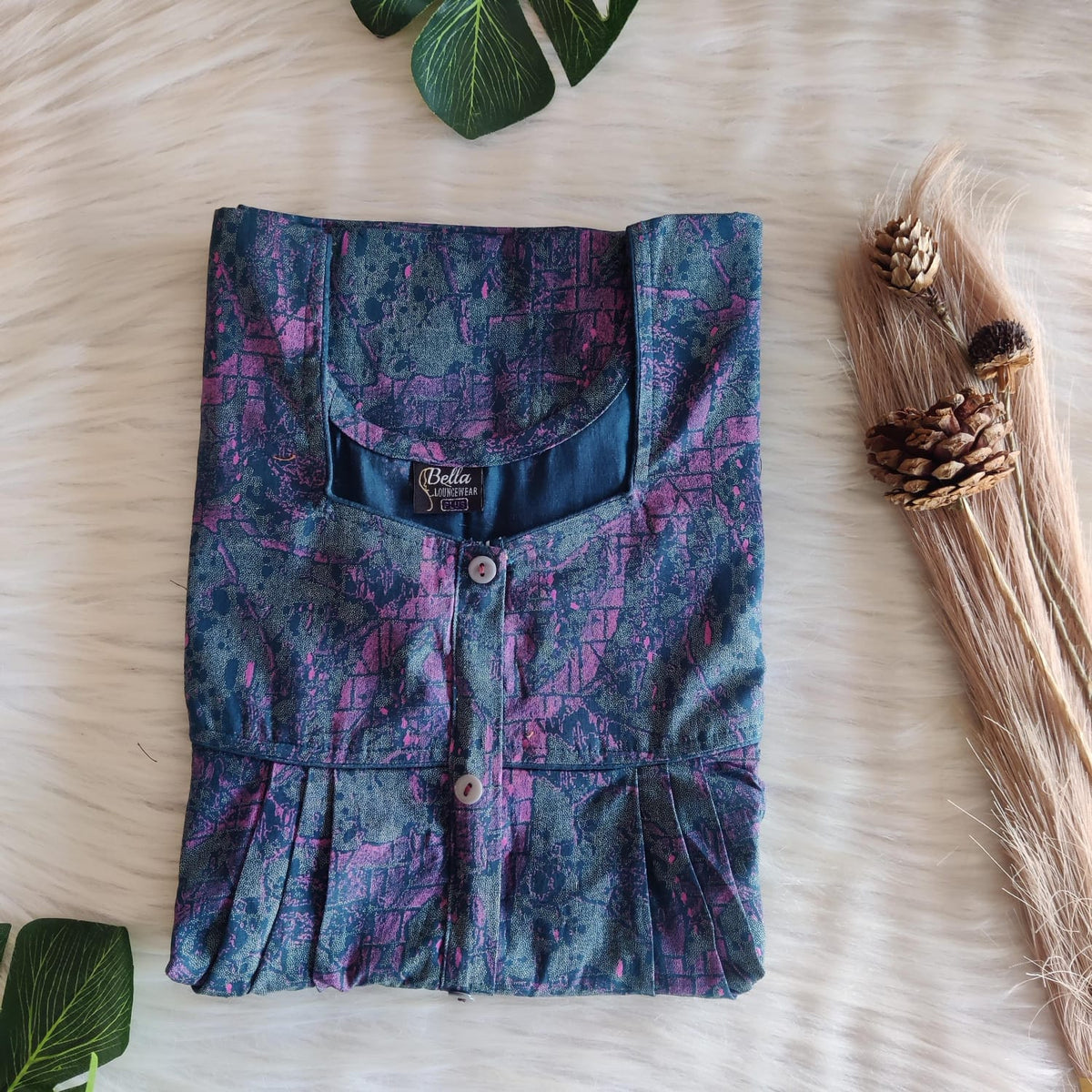 Teal Green Printed Discharge Cotton Button Zip Nighty | Free Size | Chest Width 44″| Length 55″-56″