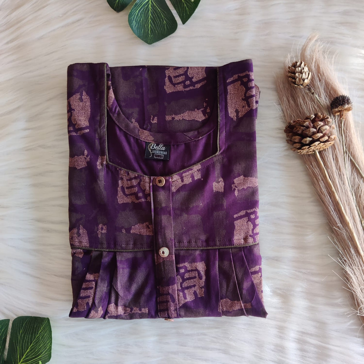 Purple Printed Discharge Cotton Button Zip Nighty | Free Size | Chest Width 44″| Length 55″-56″