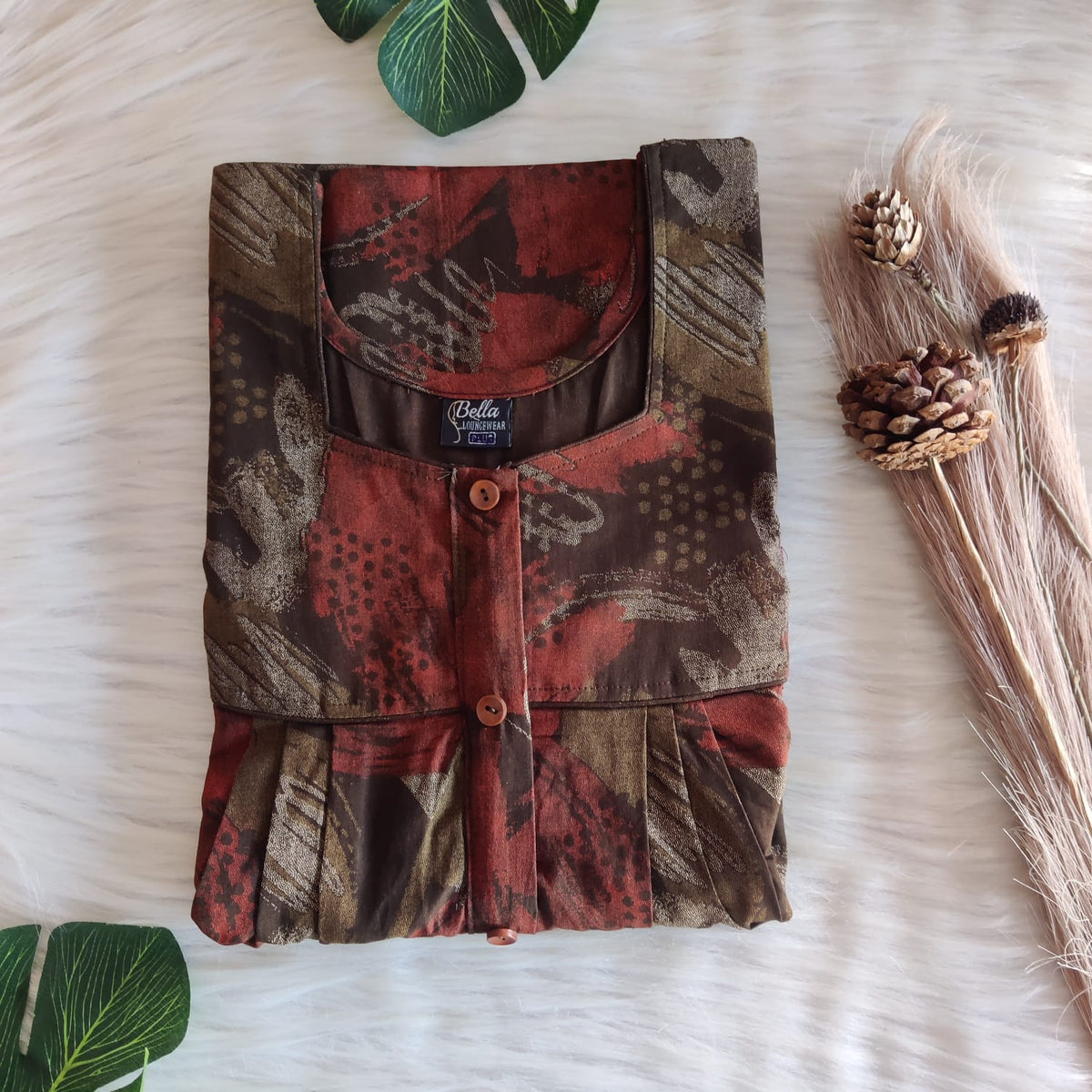 Olive Green Printed Discharge Cotton Button Zip Nighty | Free Size | Chest Width 44″| Length 55″-56″