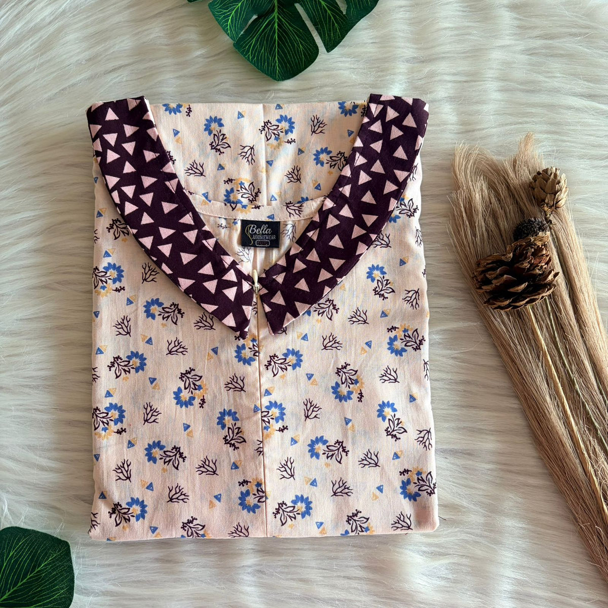 Coffee Brown And Beige Printed Premium Cotton Peter Pan Collar Long Zip Feeding Nighty | Free Size | Chest Width 44″| Length 56″
