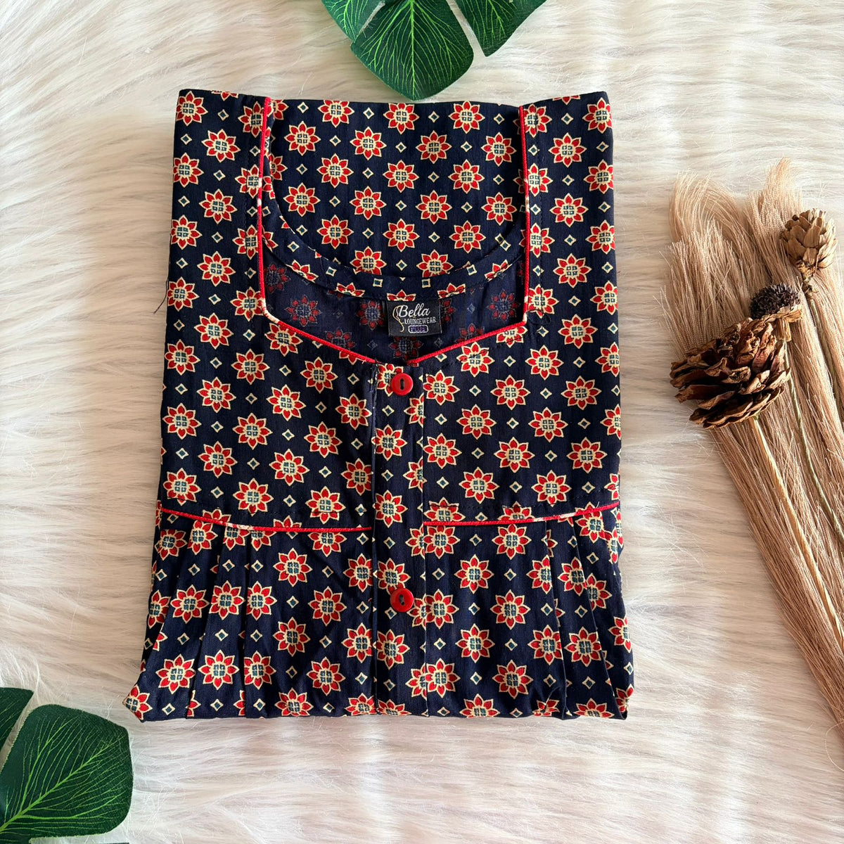 Red Floral Printed Navy Blue Gujari Cotton Button Zip Nighty | Free Size | Chest Width 44″| Length 55″-56″