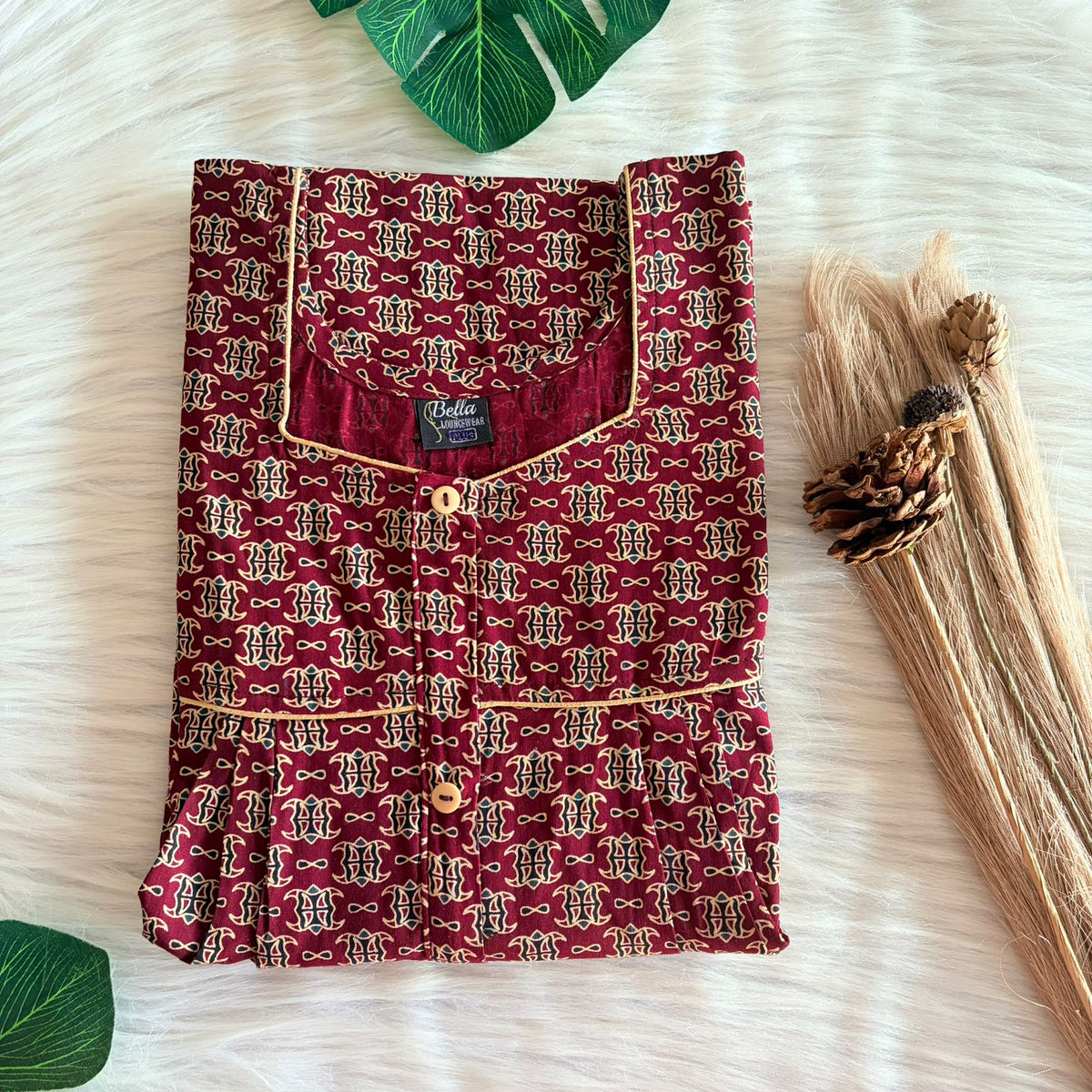 Maroon And Cream Printed Gujari Cotton Button Zip Nighty | Free Size | Chest Width 44″| Length 55″-56″