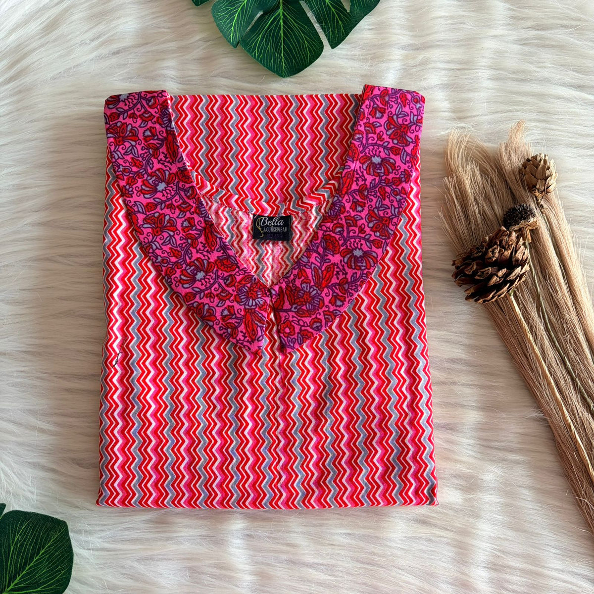 Red And Peach Zigzag Printed Premium Cotton Peter Pan Collar Nighty | Free Size | Chest Width 44″| Length 55″-56″