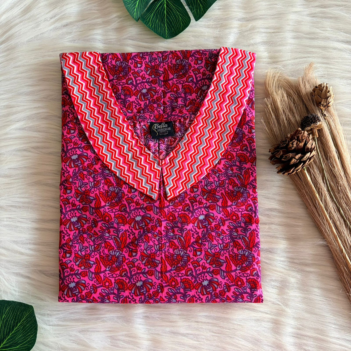 Peach And Red Floral Printed Premium Cotton Peter Pan Collar Nighty | Free Size | Chest Width 44″| Length 55″-56″