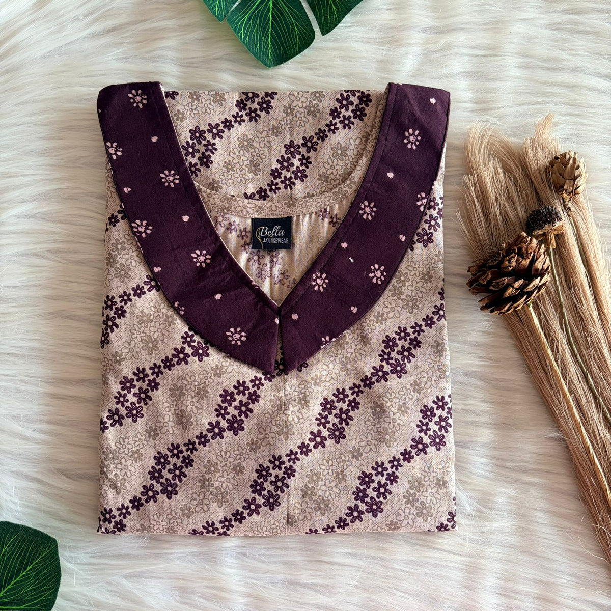 Coffee Brown And Beige Floral Printed Premium Cotton Peter Pan Collar Nighty | Free Size | Chest Width 44″| Length 55″-56″
