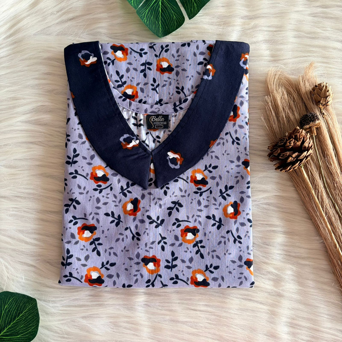 Dark And Pastel Blue Printed Premium Cotton Peter Pan Collar Nighty | Free Size | Chest Width 44″| Length 55″-56″