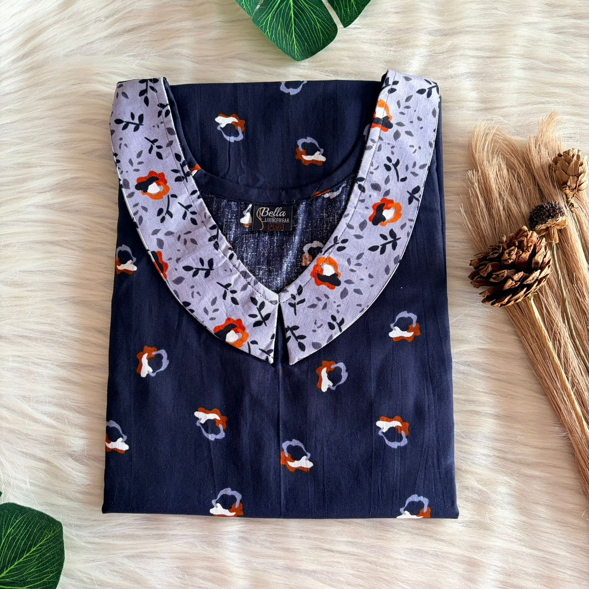 Pale And Dark Blue Printed Premium Cotton Peter Pan Collar Nighty | Free Size | Chest Width 44″| Length 55″-56″