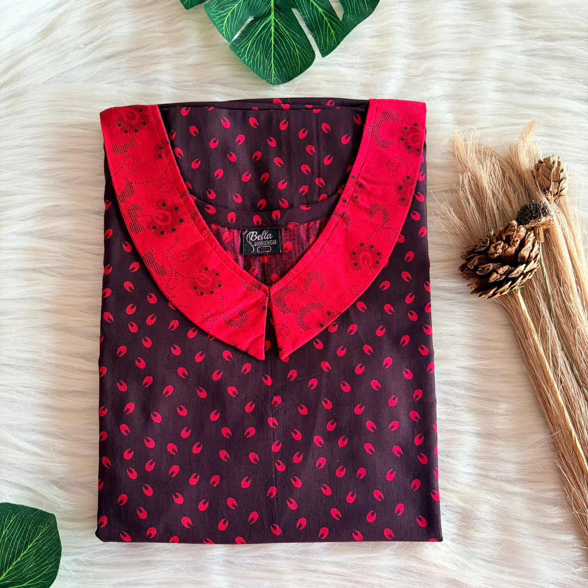 Pink And Coffee Brown Printed Premium Cotton Peter Pan Collar Nighty | Free Size | Chest Width 44″| Length 55″-56″