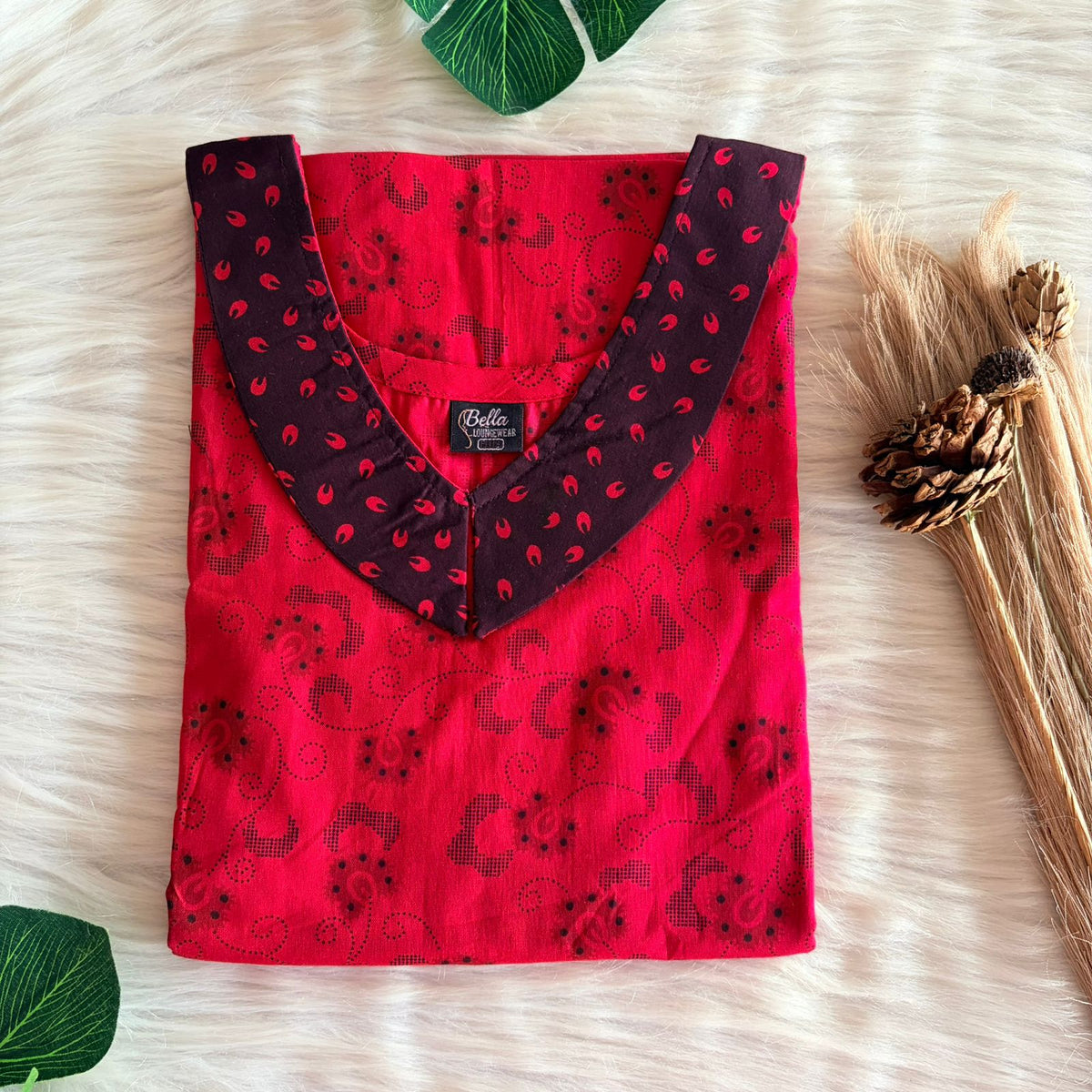 Coffee Brown And Pink Printed Premium Cotton Peter Pan Collar Nighty | Free Size | Chest Width 44″| Length 55″-56″