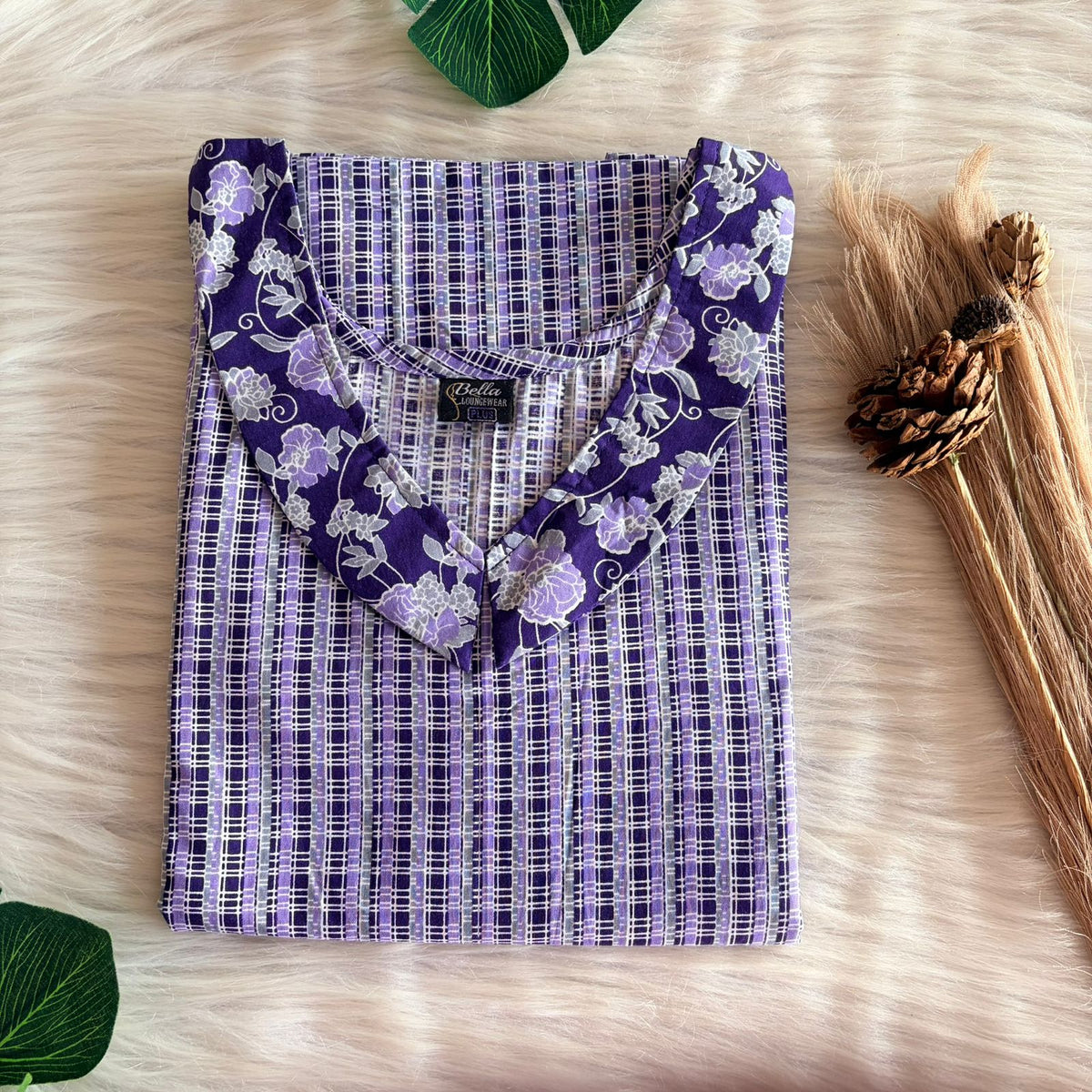 Purple And Grey Check Printed Premium Cotton Peter Pan Collar Nighty | Free Size | Chest Width 44″| Length 55″-56″