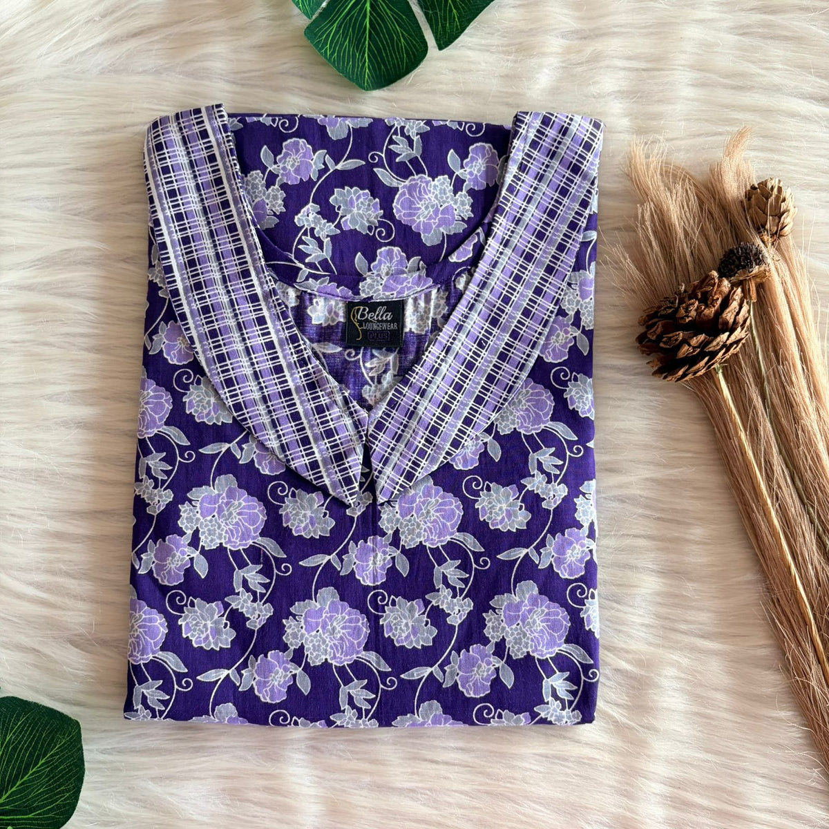 Grey And Purple Floral Printed Premium Cotton Peter Pan Collar Nighty | Free Size | Chest Width 44″| Length 55″-56″