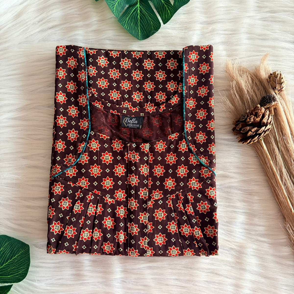 Red Floral Printed Coffee Brown Gujari Cotton Pleated Zip Nighty | Chest Width 44″ | Length 54″-55″