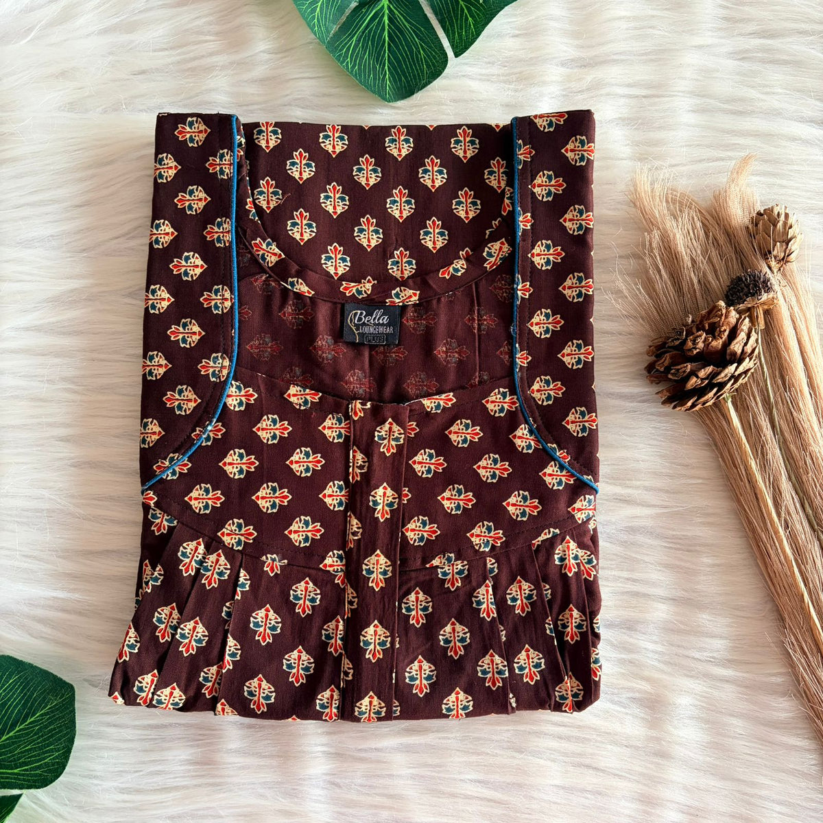 Cream Printed Coffee Brown Gujari Cotton Pleated Zip Nighty | Chest Width 44″ | Length 54″-55″