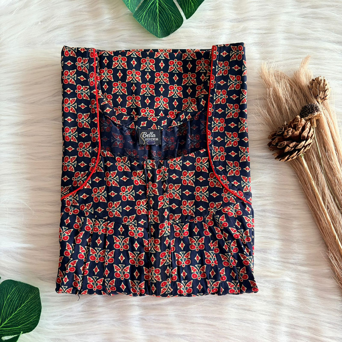 Navy Blue And Red Gujari Cotton Pleated Zip Nighty | Chest Width 44″ | Length 54″-55″