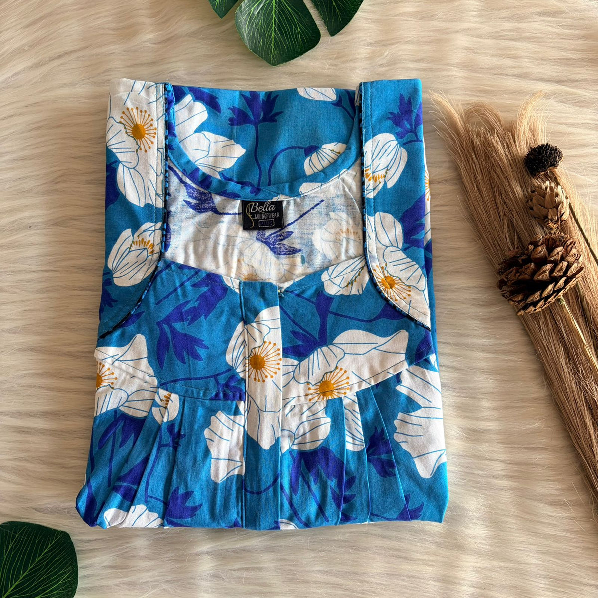 Blue And White Floral Premium Cotton Pleated Zip Nighty | Free Size | Chest Width 44″| Length 54″-55″