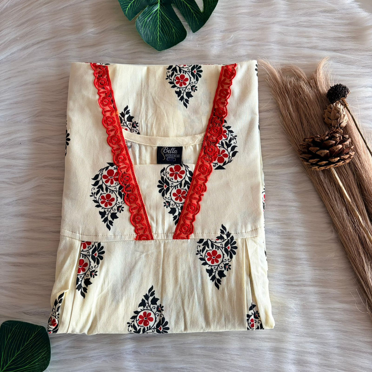 Red And Black Printed Ivory Premium Cotton Two Side Vertical Lace Zip Feeding Nighty | Free Size | Chest Width 44″| Length 56″