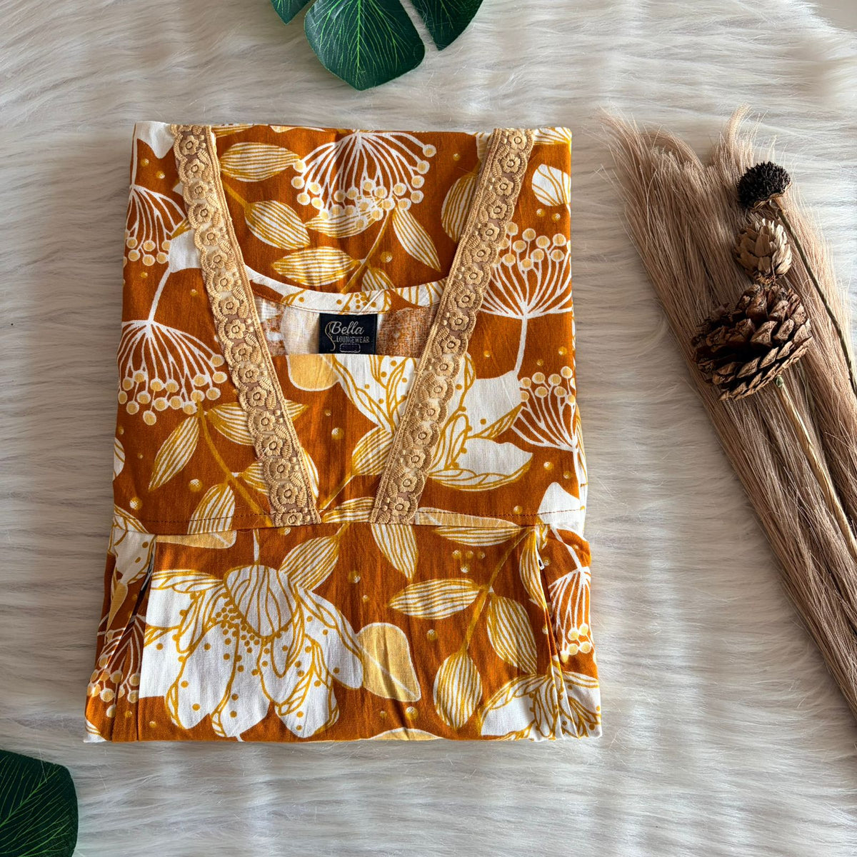 Brown And Yellow Leaf Printed Premium Cotton Two Side Vertical Lace Zip Feeding Nighty | Free Size | Chest Width 44″| Length 56″