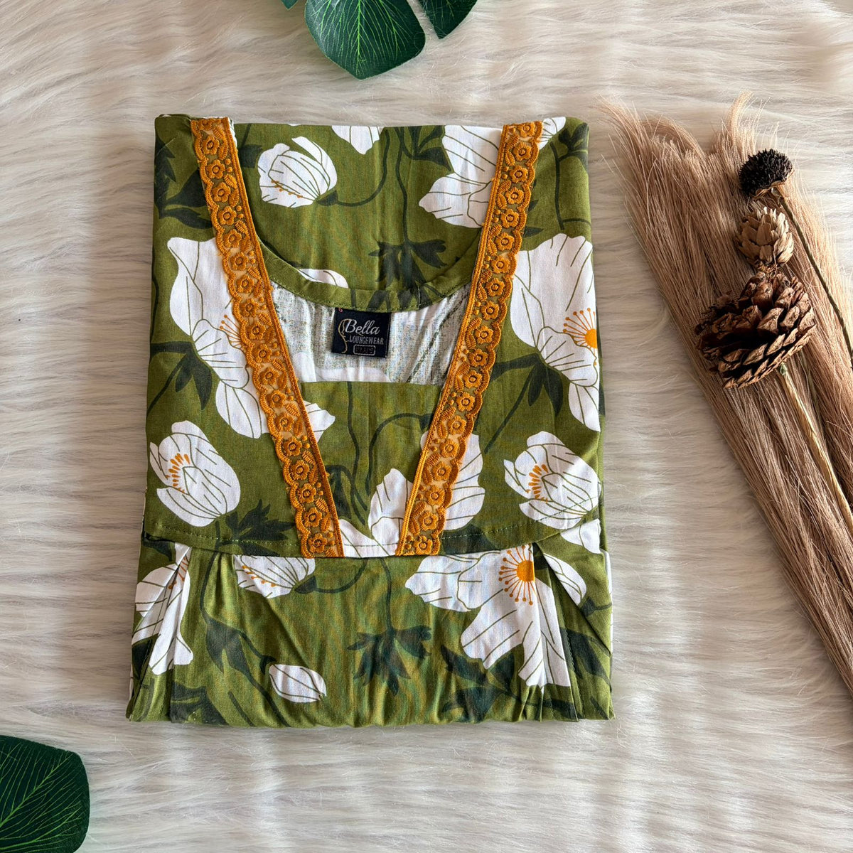 Green And White Floral Printed Premium Cotton Two Side Vertical Lace Zip Feeding Nighty | Free Size | Chest Width 44″| Length 56″