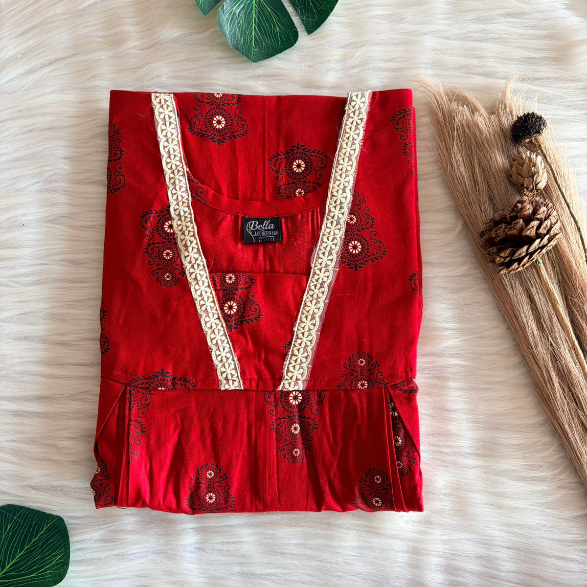 Red Printed Premium Cotton Two Side Vertical Lace Zip Feeding Nighty | Free Size | Chest Width 44″| Length 56″