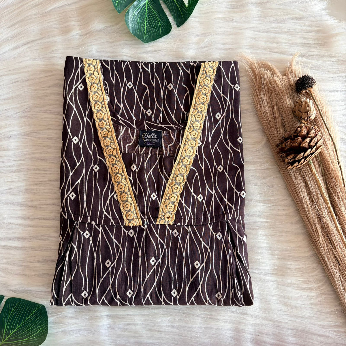 Coffee Brown Printed Premium Cotton Two Side Vertical Lace Zip Feeding Nighty | Free Size | Chest Width 44″| Length 56″
