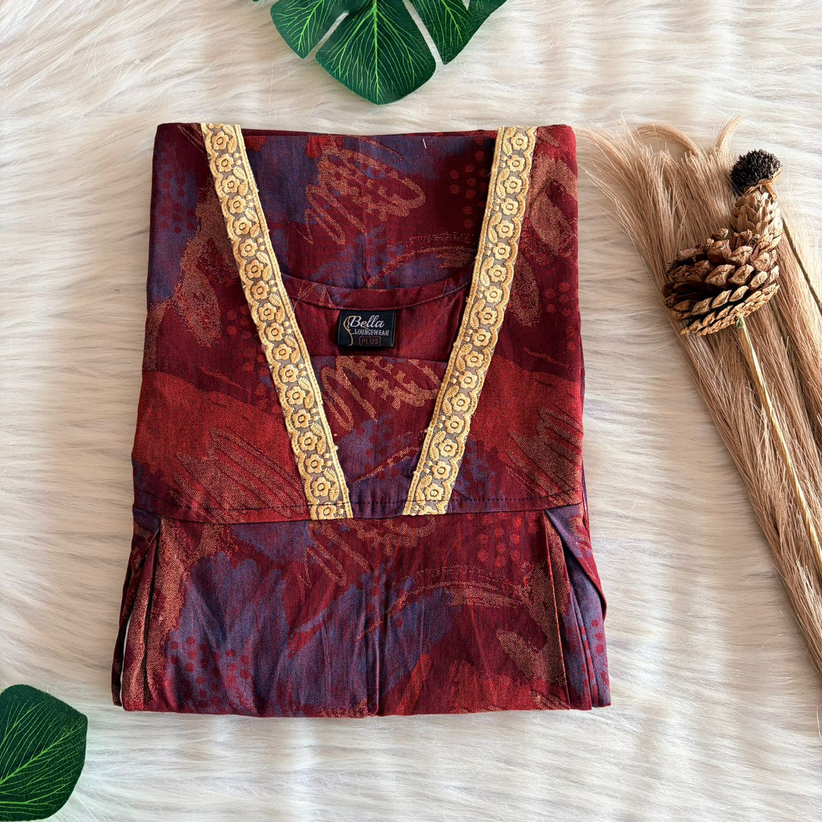 Maroon Printed Discharge Cotton Two Side Vertical Lace Zip Feeding Nighty | Free Size | Chest Width 44″| Length 56″