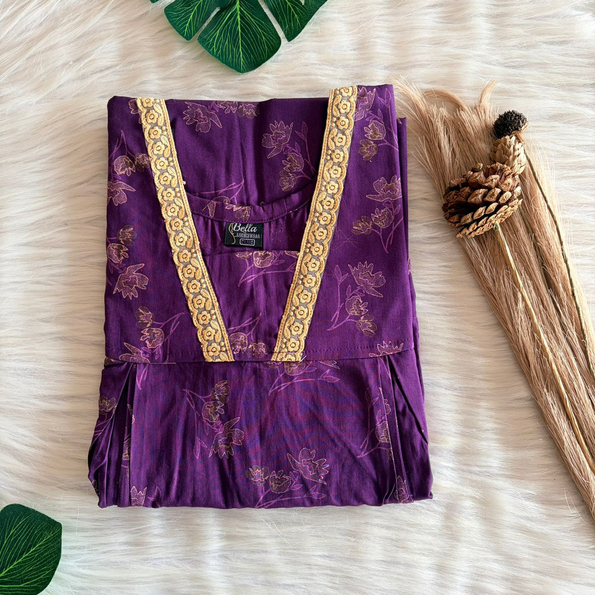 Violet Printed Discharge Cotton Two Side Vertical Lace Zip Feeding Nighty | Free Size | Chest Width 44″| Length 56″