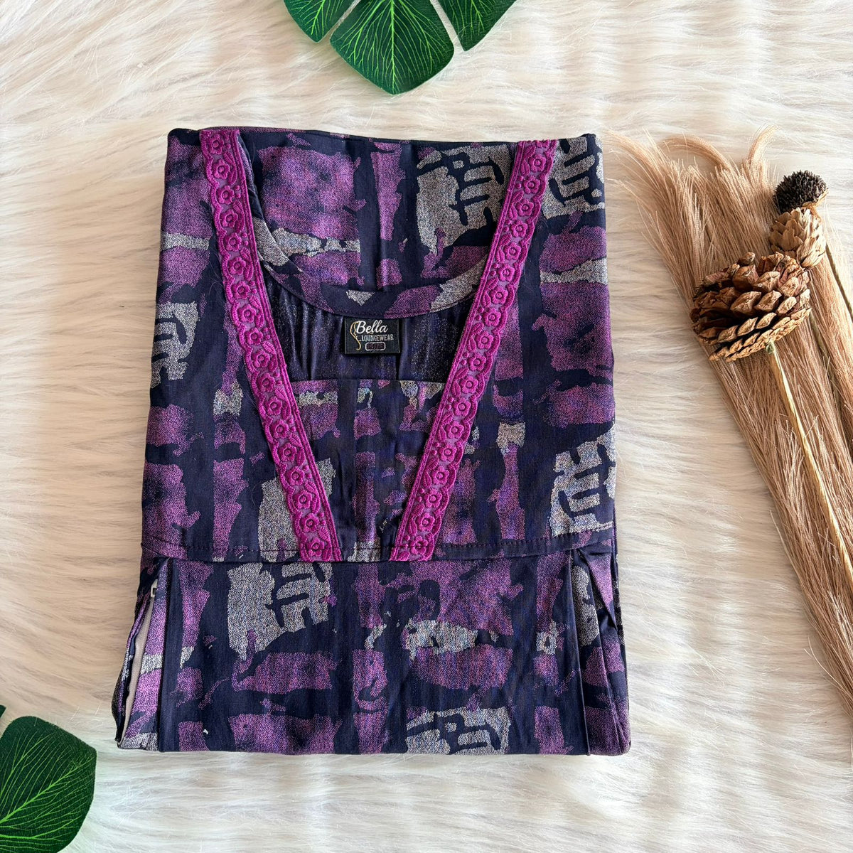 Pink And Navy Blue Printed Discharge Cotton Two Side Vertical Lace Zip Feeding Nighty | Free Size | Chest Width 44″| Length 56″