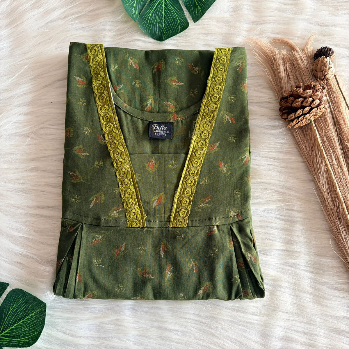 Green Printed Discharge Cotton Two Side Vertical Lace Zip Feeding Nighty | Free Size | Chest Width 44″| Length 56″