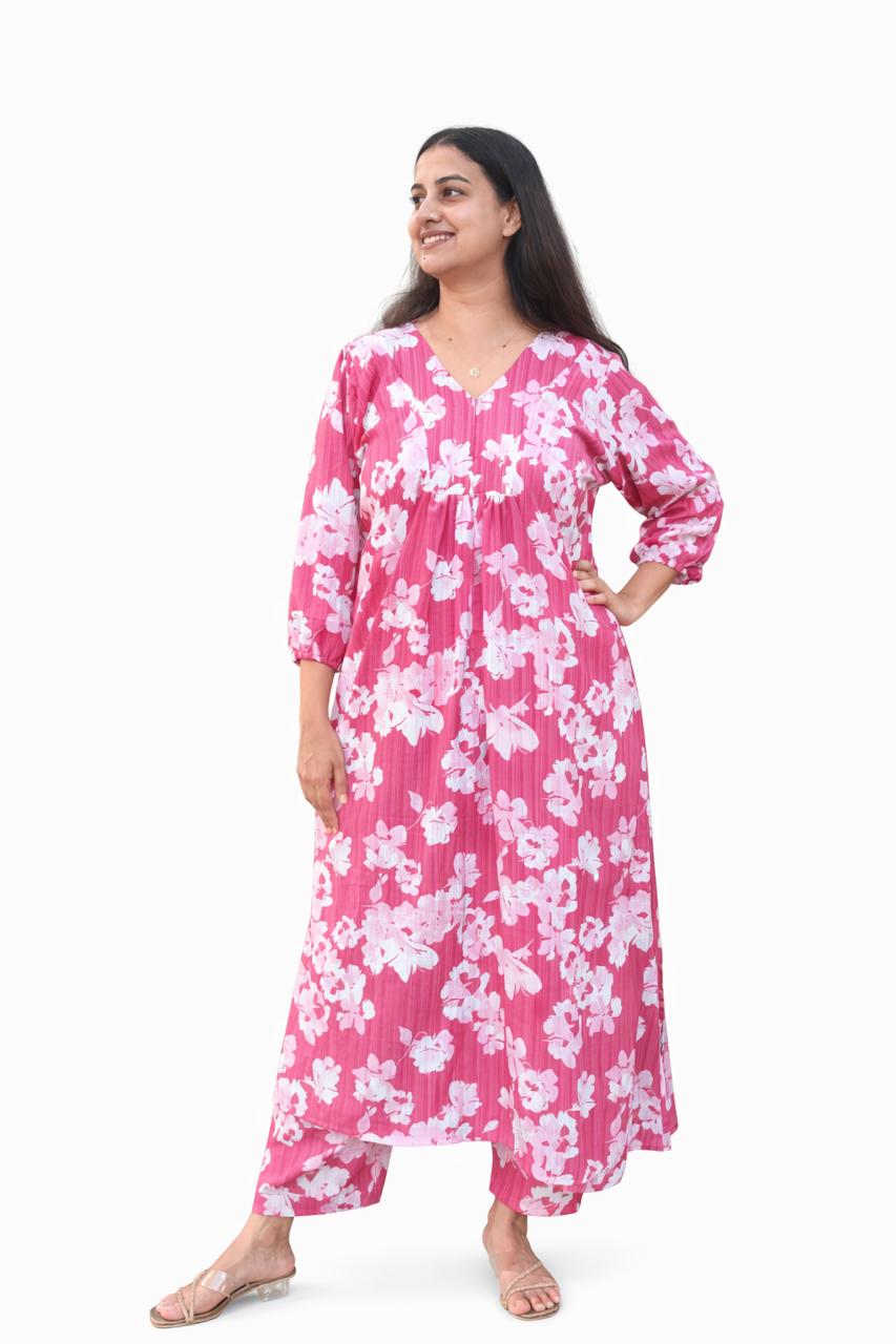 Mauve Pink Floral Printed Cotton Slub V - Neck Feeding Kurti Co-ord Set With Centre Long Invisible Zip| Palazzo Pant | Free Size