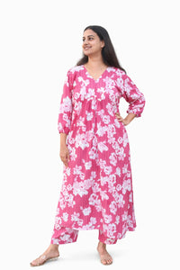 Mauve Pink Floral Printed Cotton Slub V - Neck Feeding Kurti Co-ord Set With Centre Long Invisible Zip| Palazzo Pant | Free Size