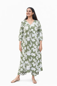 Olive Green Floral Printed Cotton Slub V - Neck Feeding Kurti Co-ord Set With Centre Long Invisible Zip| Palazzo Pant | Free Size