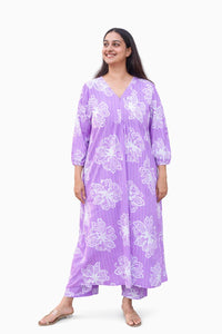 Lavender Floral Printed Cotton Slub V - Neck Feeding Kurti Co-ord Set With Centre Long Invisible Zip| Palazzo Pant | Free Size