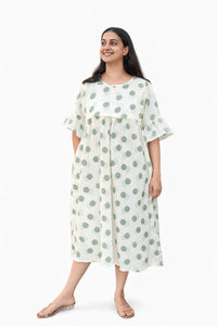 Green Polka Dot Ivory Seer Sucker Feeding Maternity Gown With Two Side Horizontal Invisible Zip | Free Size | 44" length